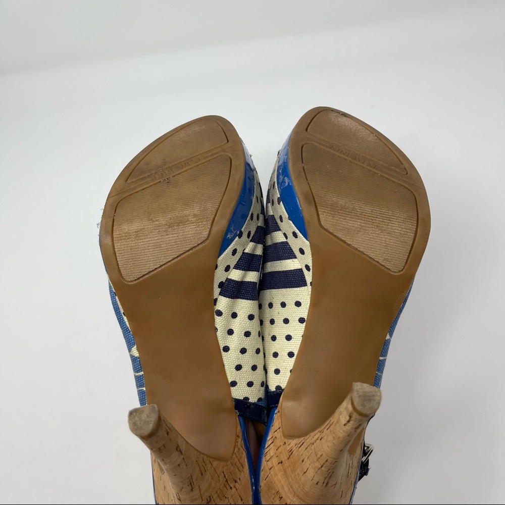 Nine West Blue Patterned Cork Heel Slingback Peep Toe Pumps Size 10 - Picture 5 of 8